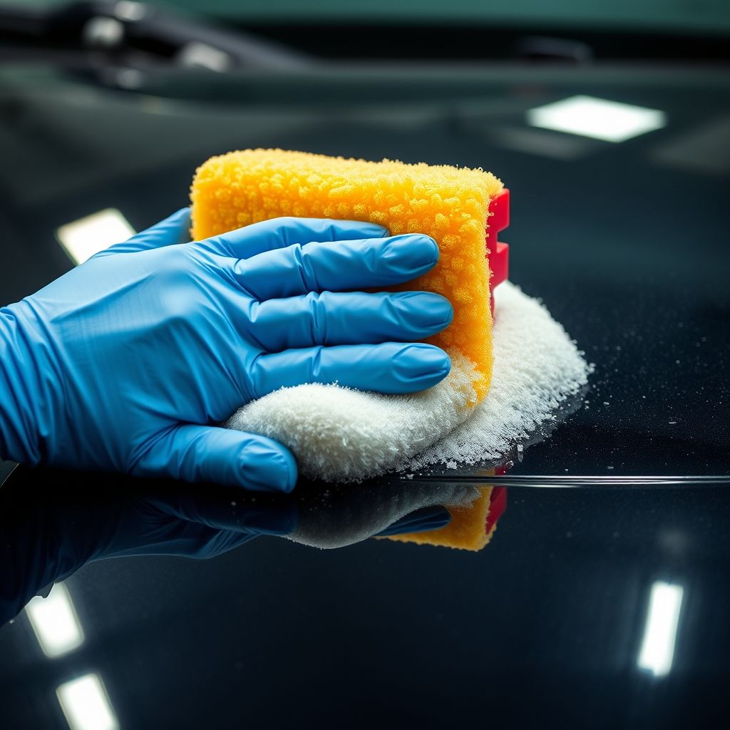 Une main gantée frotte doucement une voiture rouge avec une éponge jaune, créant une mousse abondante sur la surface brillante. L’éclairage met en valeur le nettoyage méticuleux et l’éclat du véhicule dans un espace de detailing intérieur. La scène évoque soin, qualité et satisfaction du travail bien fait.
