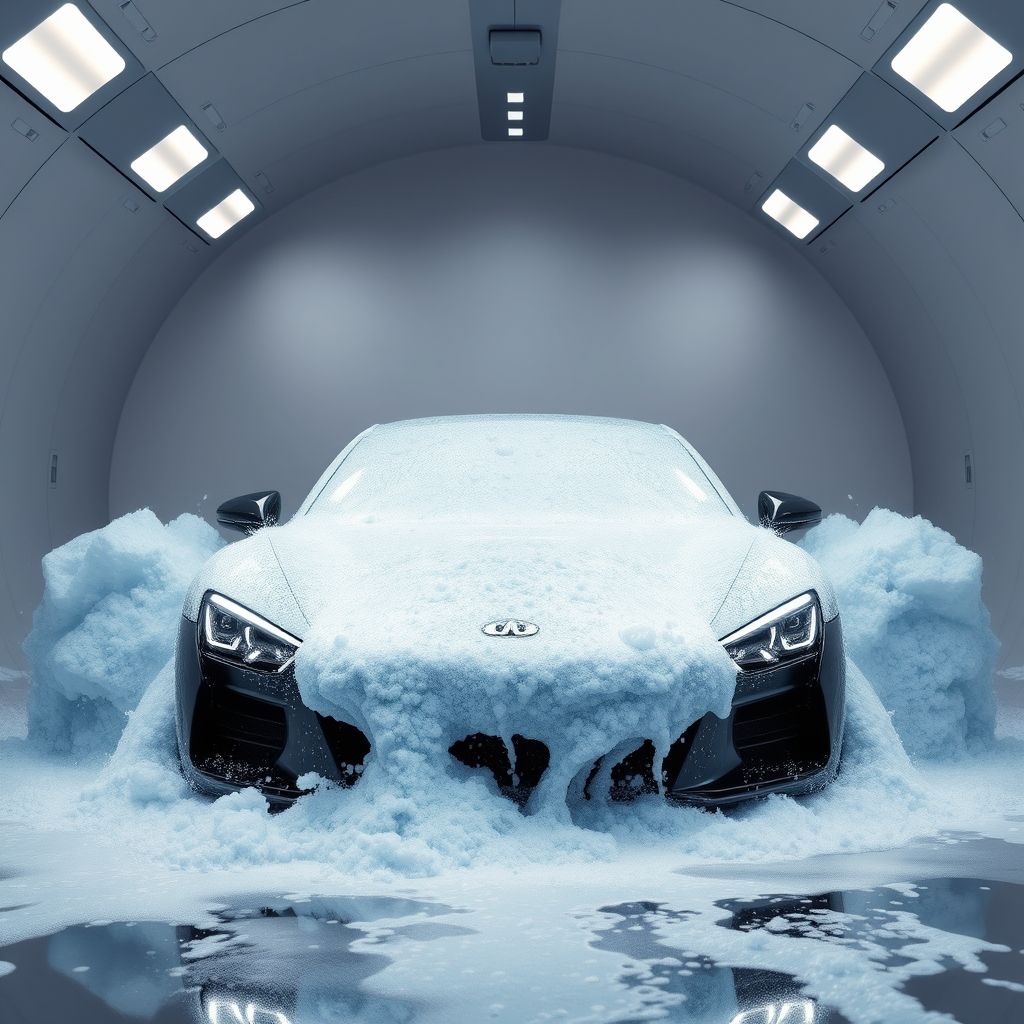 Une voiture noire élégante est partiellement recouverte d’eau et de mousse dans un tunnel de lavage automatique, entourée de brosses bleues dynamiques en mouvement. L’éclairage met en valeur les gouttes d’eau et la propreté, symbolisant un lavage efficace et moderne.