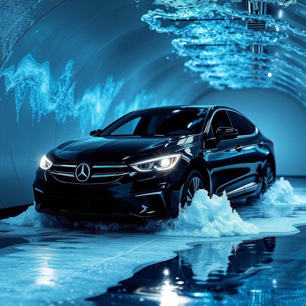 Une voiture noire élégante est partiellement couverte d’eau et de mousse dans un tunnel de lavage, entourée de brosses bleues dynamiques en mouvement. L’éclairage met en valeur les gouttes d’eau et la propreté, symbolisant un lavage efficace et moderne.
