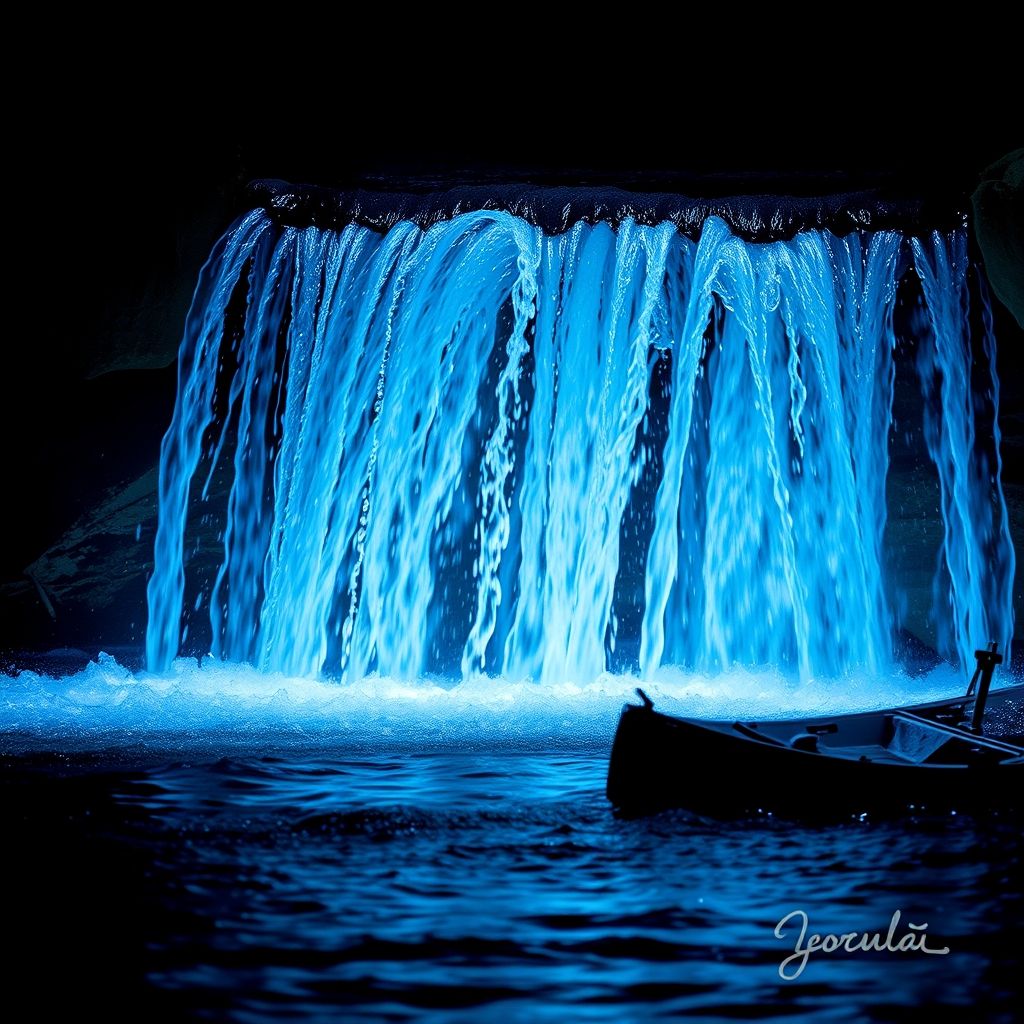 Une voiture de sport bleue traverse une cascade d'eau, créant des éclaboussures lumineuses sur un fond sombre flou. La carrosserie lisse reflète des couleurs vives et une finition brillante, soulignant la dynamique du mouvement et la puissance de l'action de lavage. L'ambiance nocturne accentue le côté luxueux et énergique de la scène.