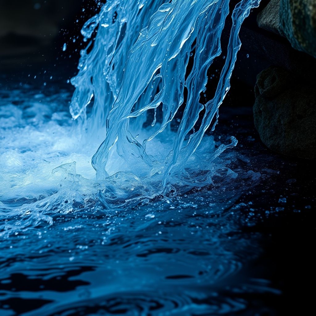 Une voiture de sport bleue traverse une cascade d'eau, créant des éclaboussures lumineuses sur un fond sombre flou. La carrosserie lisse reflète des couleurs vives et une finition brillante, soulignant la dynamique du mouvement et la puissance de l'action de lavage.