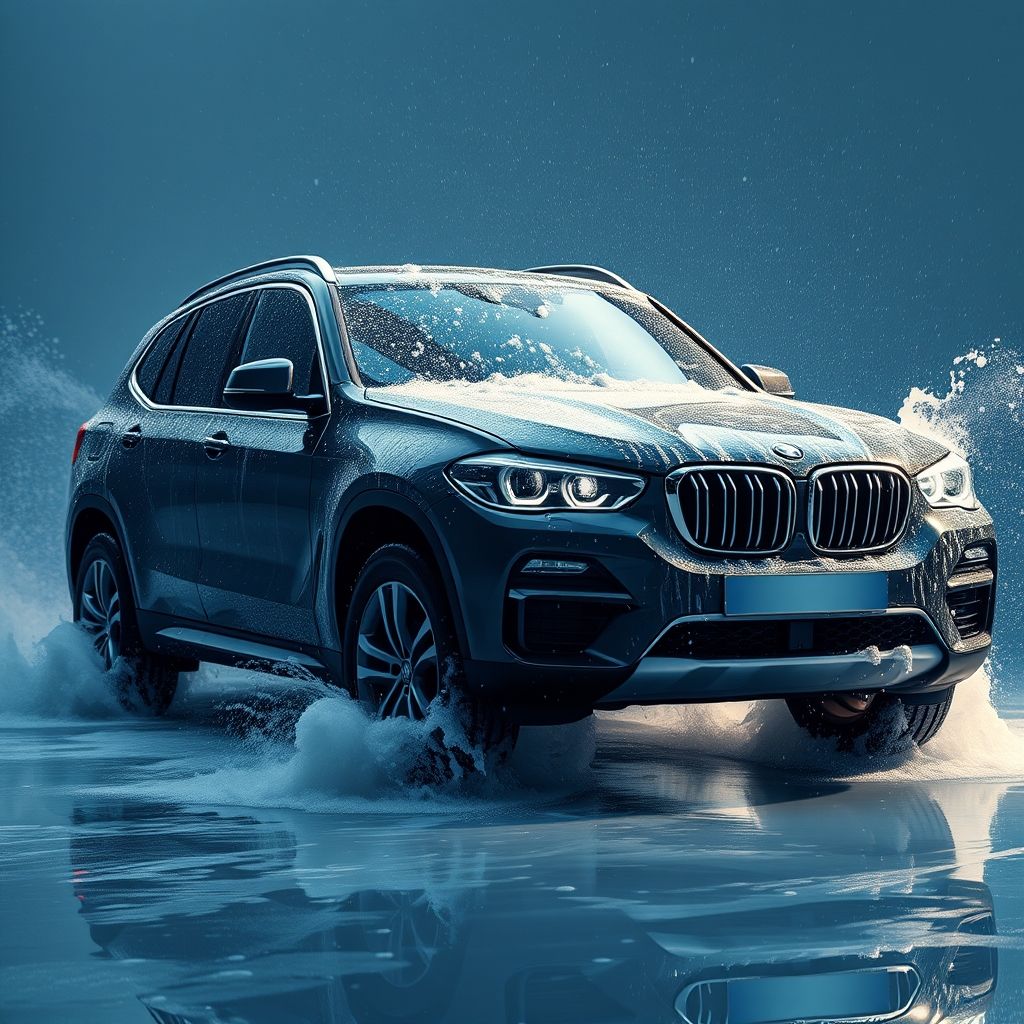 Un SUV sombre est capturé en pleine séance de lavage, entouré de brosses bleues dynamiques et recouvert d’eau savonneuse qui coule, créant un spectacle visuel de mouvement et de fraîcheur. L’éclairage accentue la propreté et le soin apporté au véhicule.