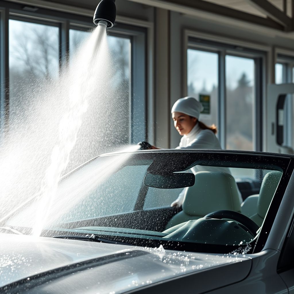 Une personne nettoie activement une voiture noire dans une station automatique, utilisant un jet haute pression qui projette un torrent d’eau savonneuse sur la surface. La carrosserie, partiellement couverte de mousse, brille sous la lumière naturelle traversant de grandes fenêtres. L’atmosphère est dynamique et fraîche, soulignant le procédé de nettoyage et de renouvellement, avec des gouttes scintillantes au milieu des bulles.