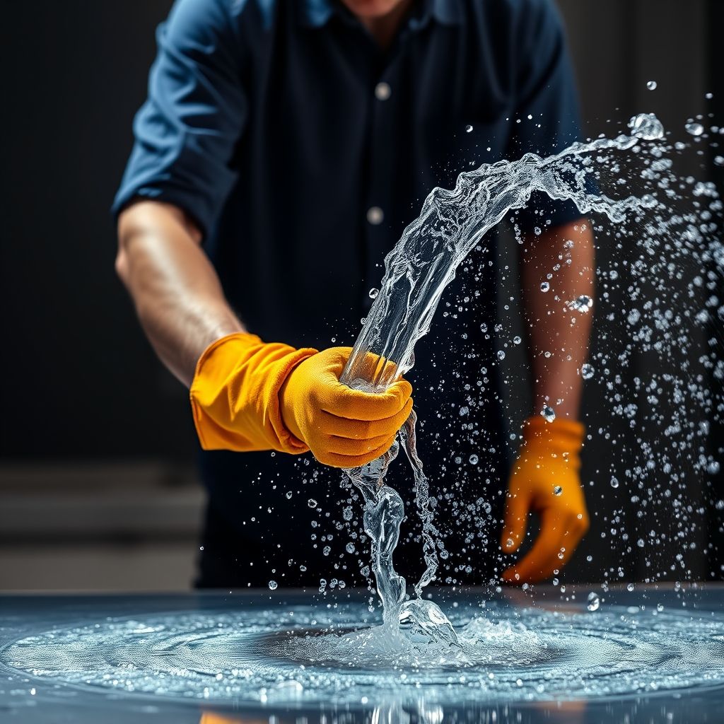 Un employé en chemise bleue et gants jaunes pulvérise vigoureusement de l’eau sur une voiture noire, créant une cascade de gouttes scintillantes contre la surface brillante. L’ambiance transmet un sentiment de fraîcheur et de transformation.