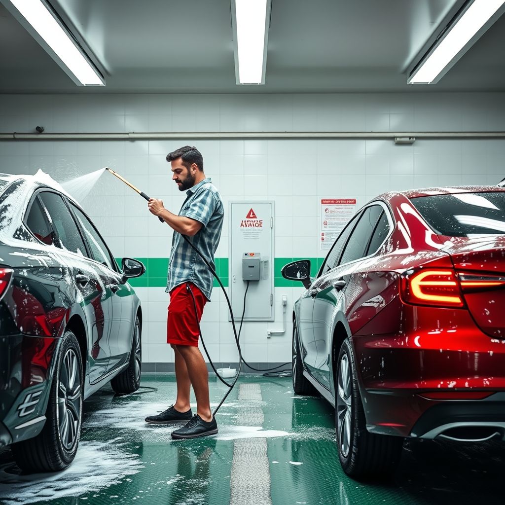 Sous un ciel lumineux, un homme lave activement deux voitures dans une station de lavage libre-service, leurs surfaces couvertes de mousse épaisse. L'homme, vêtu d'une chemise à carreaux et d'un short rouge, tient une lance de pulvérisation dirigée vers un véhicule, tandis que l'autre voiture, un modèle élégant, est déjà savonnée et brillante. L’espace de lavage est bien organisé, avec des instructions affichées au mur, dans une ambiance verte et blanche, créant une atmosphère propre et dynamique. Le sol est mouillé de mousse et d’eau, reflétant l’ambiance joyeuse et active du moment sous un soleil chaleureux.