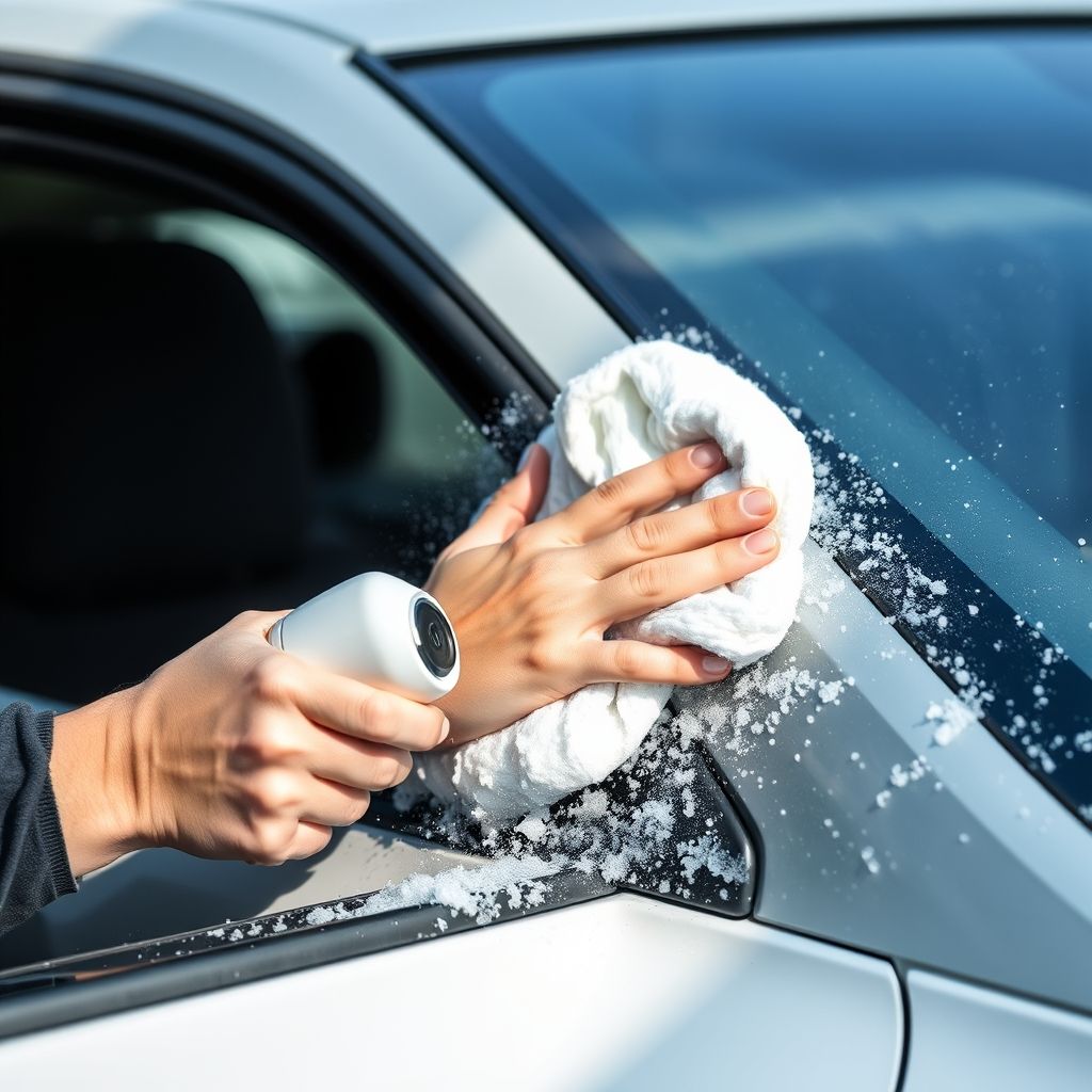 Une mousse épaisse coule sur une voiture noire pendant qu’une main manucurée utilise un nettoyeur haute pression sur la roue. La scène, éclairée naturellement, met en valeur le soin apporté au nettoyage complet du véhicule dans un espace propre et lumineux.